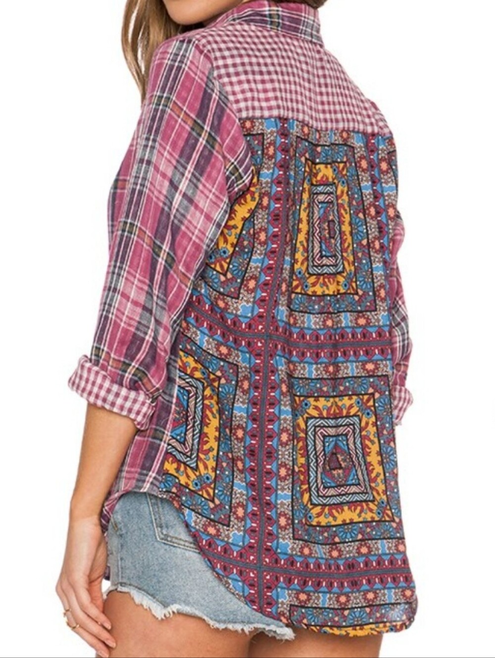 💥Tolani Plaid Mixed Print Button Down Shirt M Boho Textured Gauze Back